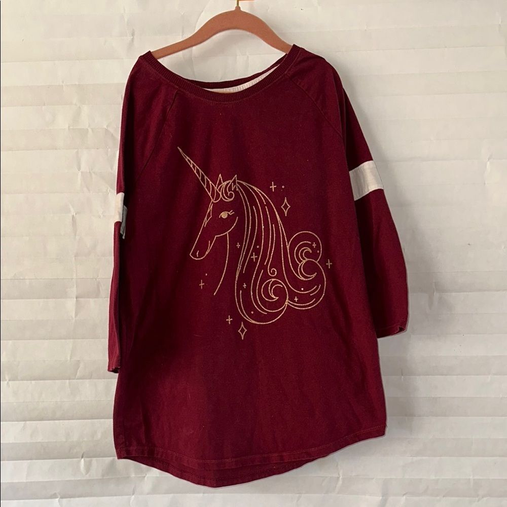 Cat & Jack Maroon Unicorn Graphic T-Shirt Girls Size XL (14/16) 3/4 Sleeve